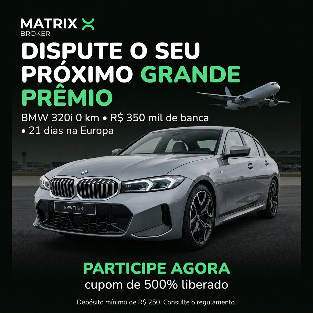 Dispute o seu próximo grande prêmio: BMW 320i, R$ 350 mil de banca e 21 dias na Europa. Cupom de 500% liberado.